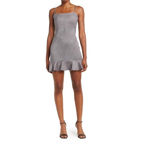 NEW SUSANA MONACO ruffle hem sleeveless faux suede dress in silver - Picture 1 of 3